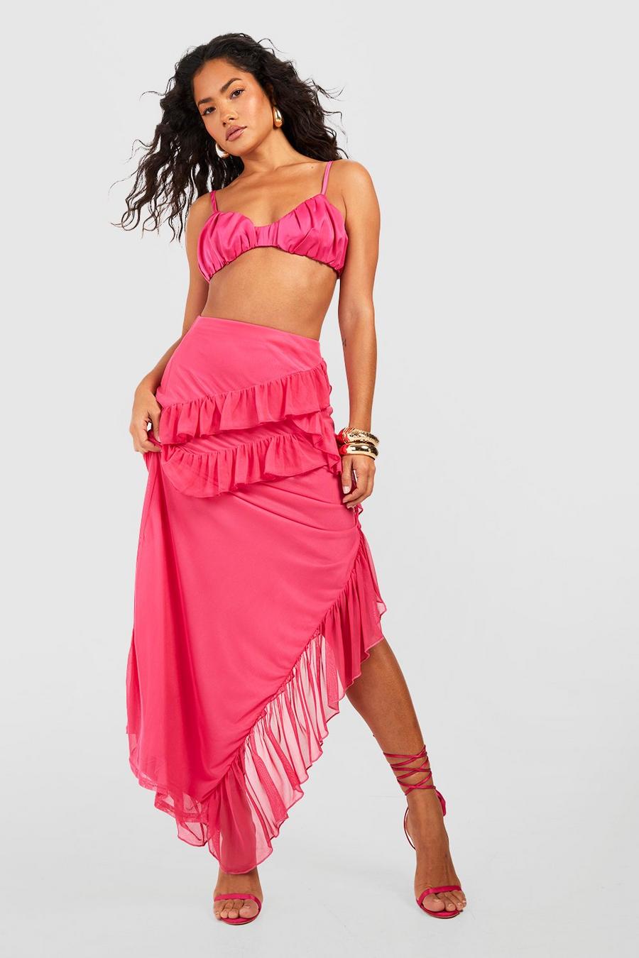 Pink Mesh Ruffle High Split Maxi Skirt