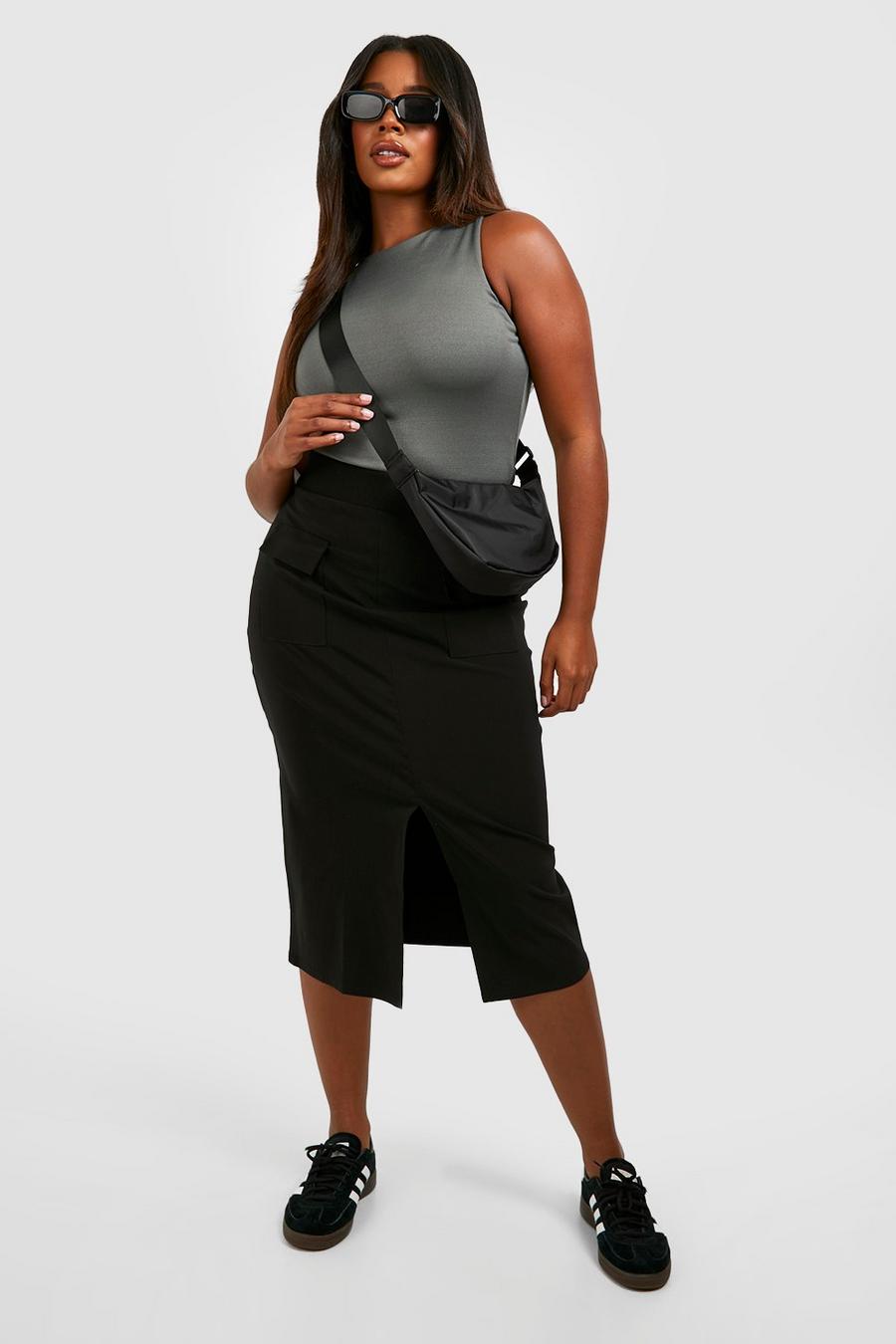 Black Plus Pocket Detail Split Front Midi Skirt