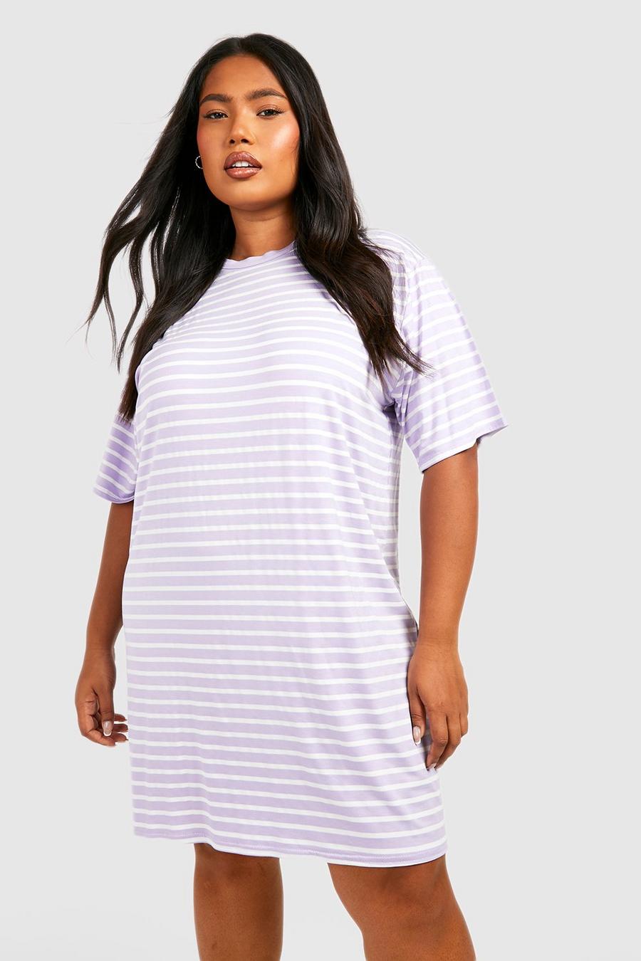 Vestito T-shirt Plus Size in jersey a righe, Lilac morado
