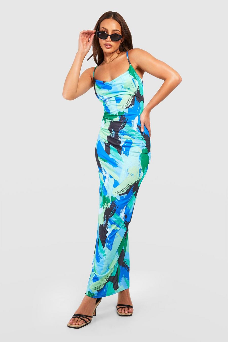 Blue Tall Bright Abstract Cowl Maxi Dress image number 1
