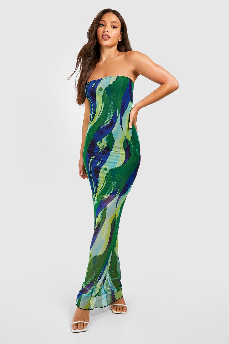 Green Tall Bright Abstract Print Bandeau Maxi Dress image number 1