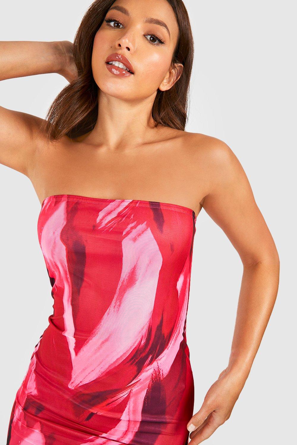Pink Abstract Print Mesh Bandeau Ruched Maxi Dress