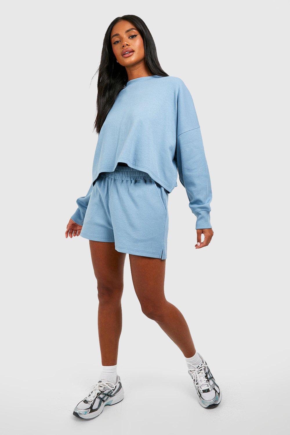 Ribbed Boxy Sweatshirt Short Tracksuit boohoo