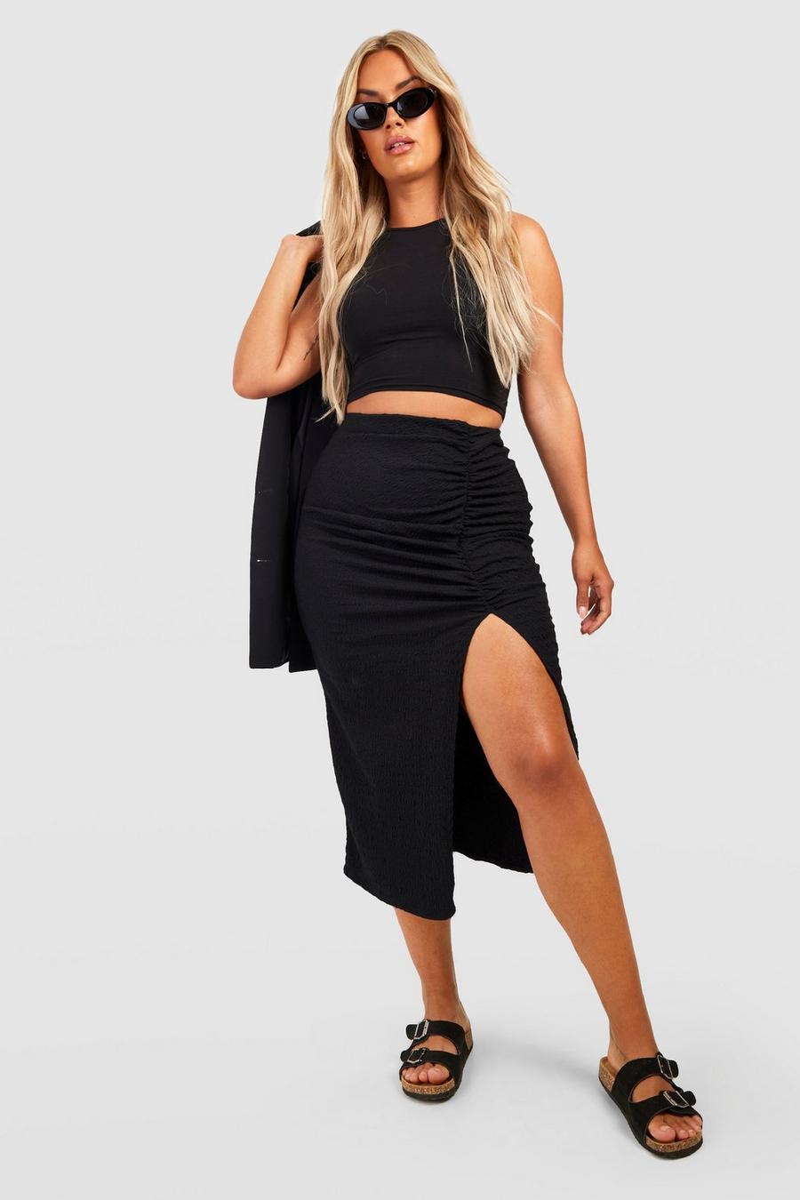 Black Plus Crinkle Textured Ruched Split Front Midaxi Skirt  image number 1