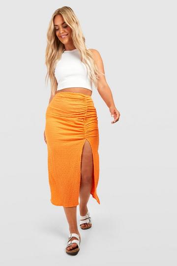 Orange Plus Crinkle Textured Ruched Split Front Midaxi Skirt