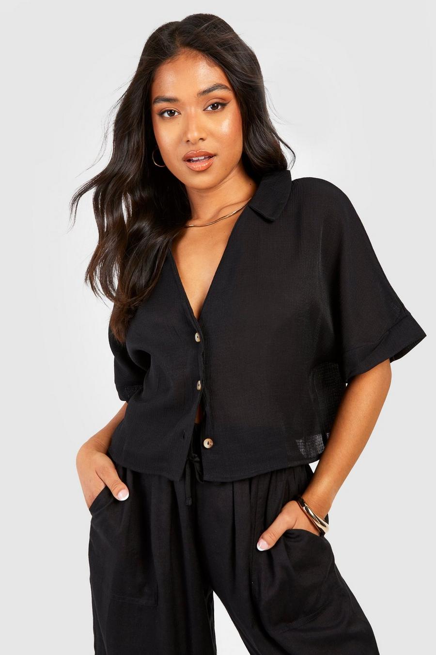 Black Petite Textured Cheesecloth Cropped Boxy Shirt image number 1