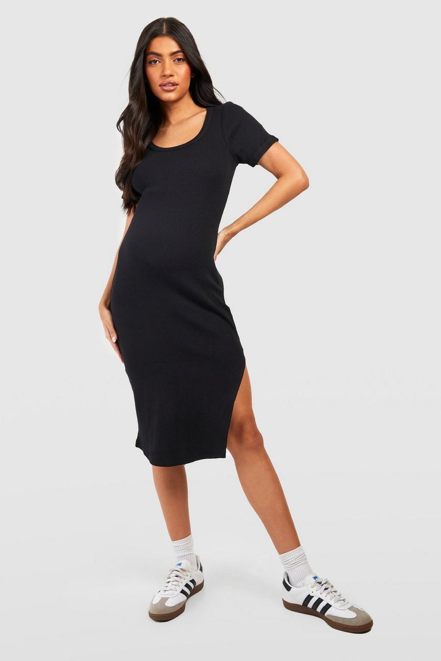 Black Maternity Premium Rib T-shirt Split Midi Dress image number 1