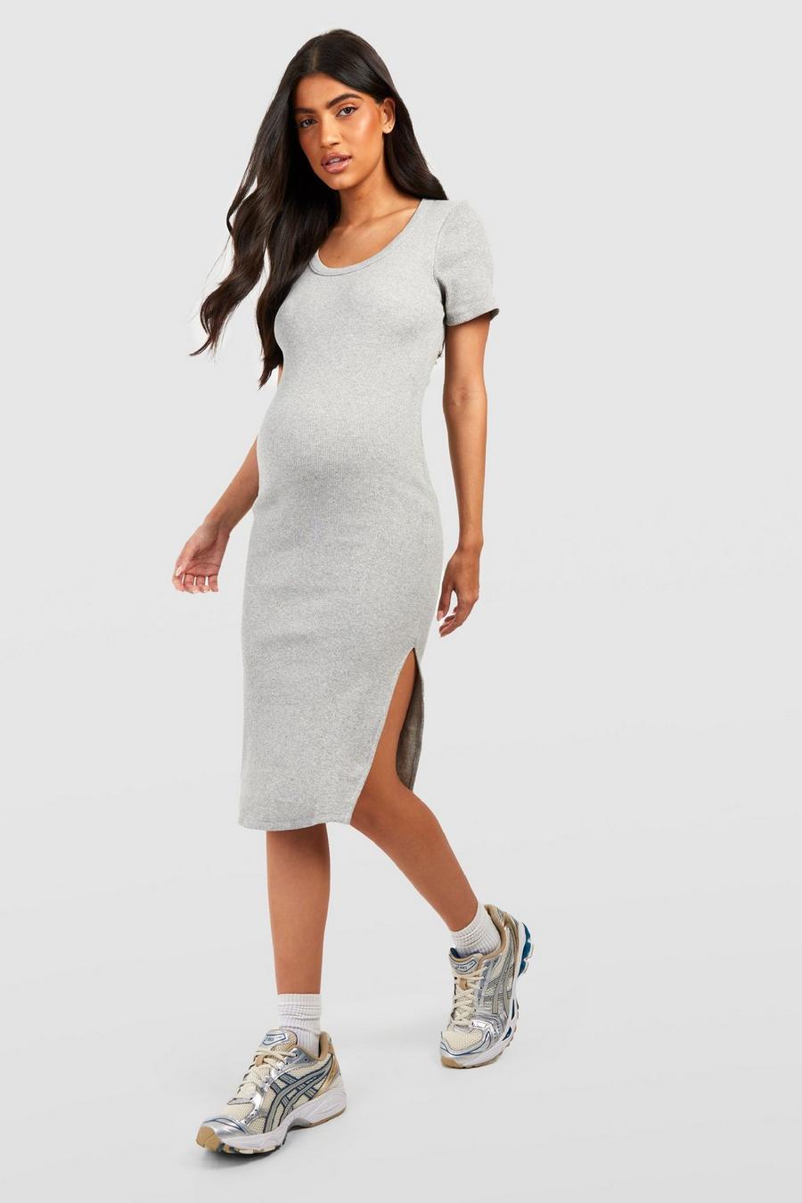Grey marl Maternity Premium Rib T-shirt Split Midi Dress image number 1