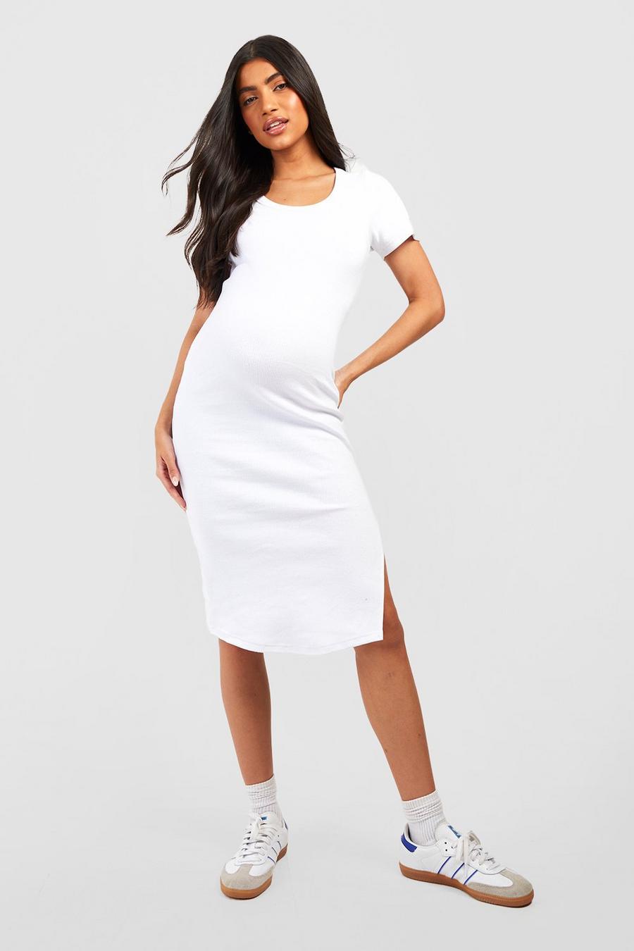 Umstandsmode geripptes Premium Midi T-Shirt-Kleid mit Schlitz, White