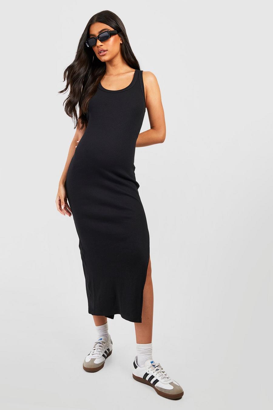 Black Maternity Premium Rib Split Midi Dress image number 1