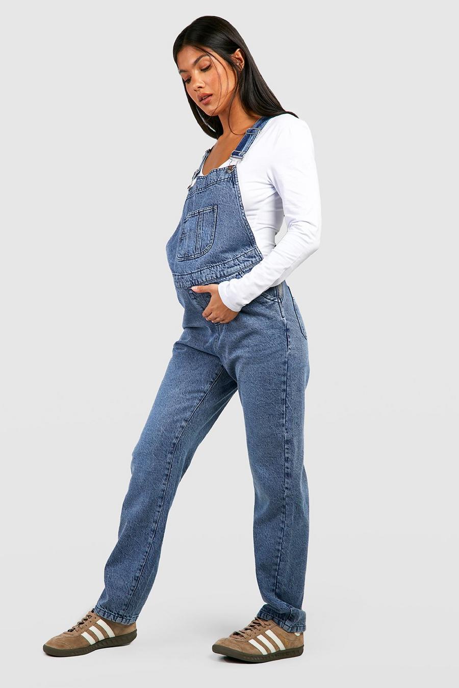 Maternity Blue Wash Straight Leg Overalls image number 1