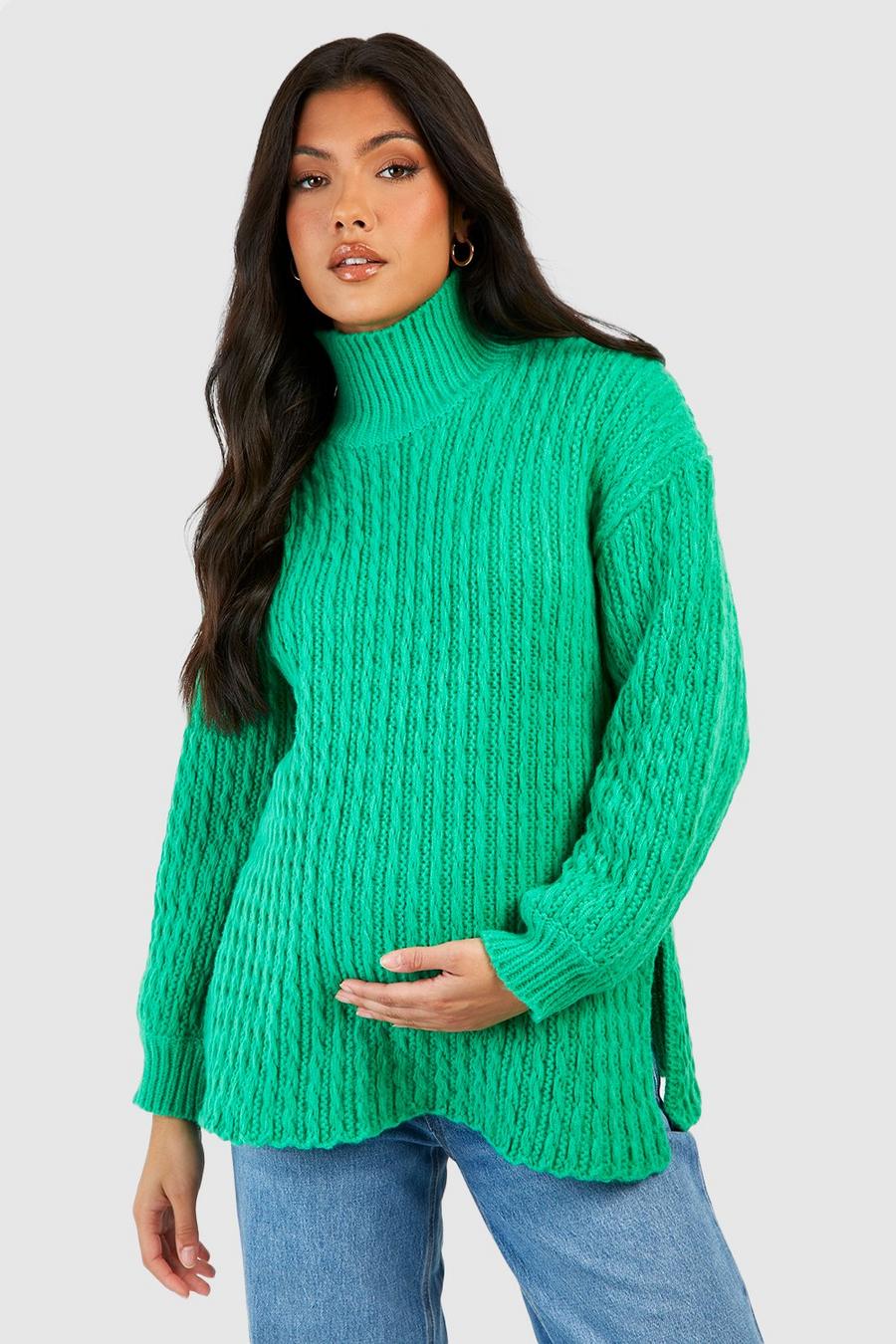 Green Maternity Cable Knit Side Split Sweater image number 1