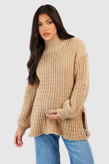 Stone Beige Maternity Cable Knit Side Split Sweater