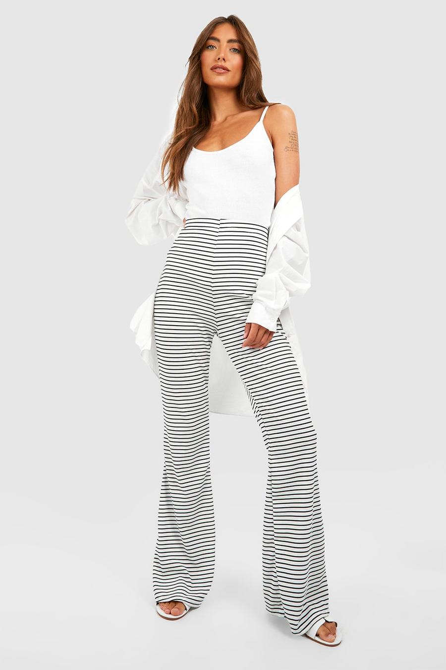 White Stripe Ribbed Flared Pants image number 1