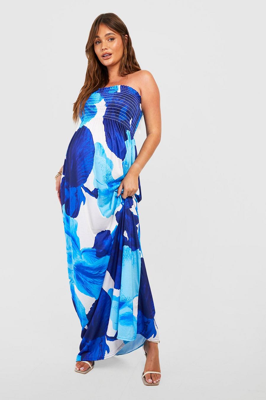 Blue Maternity Floral Shirred Maxi Dress