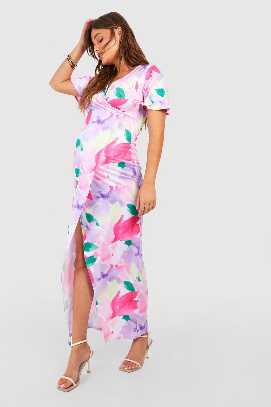 Multi Maternity Floral Wrap Front Maxi Dress image number 1