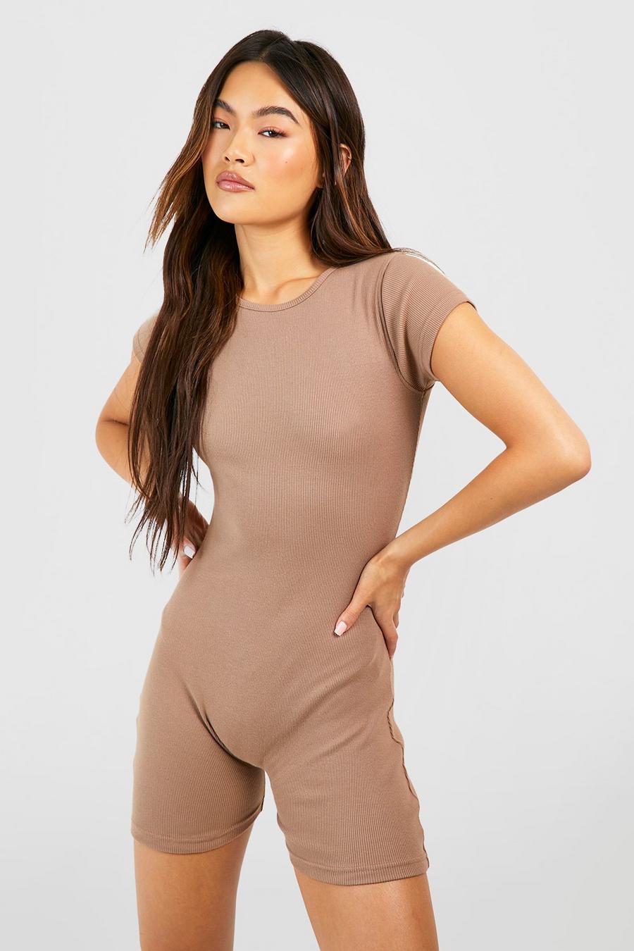 Chocolate Ribbed Open Back Unitard Playsuit image number 1