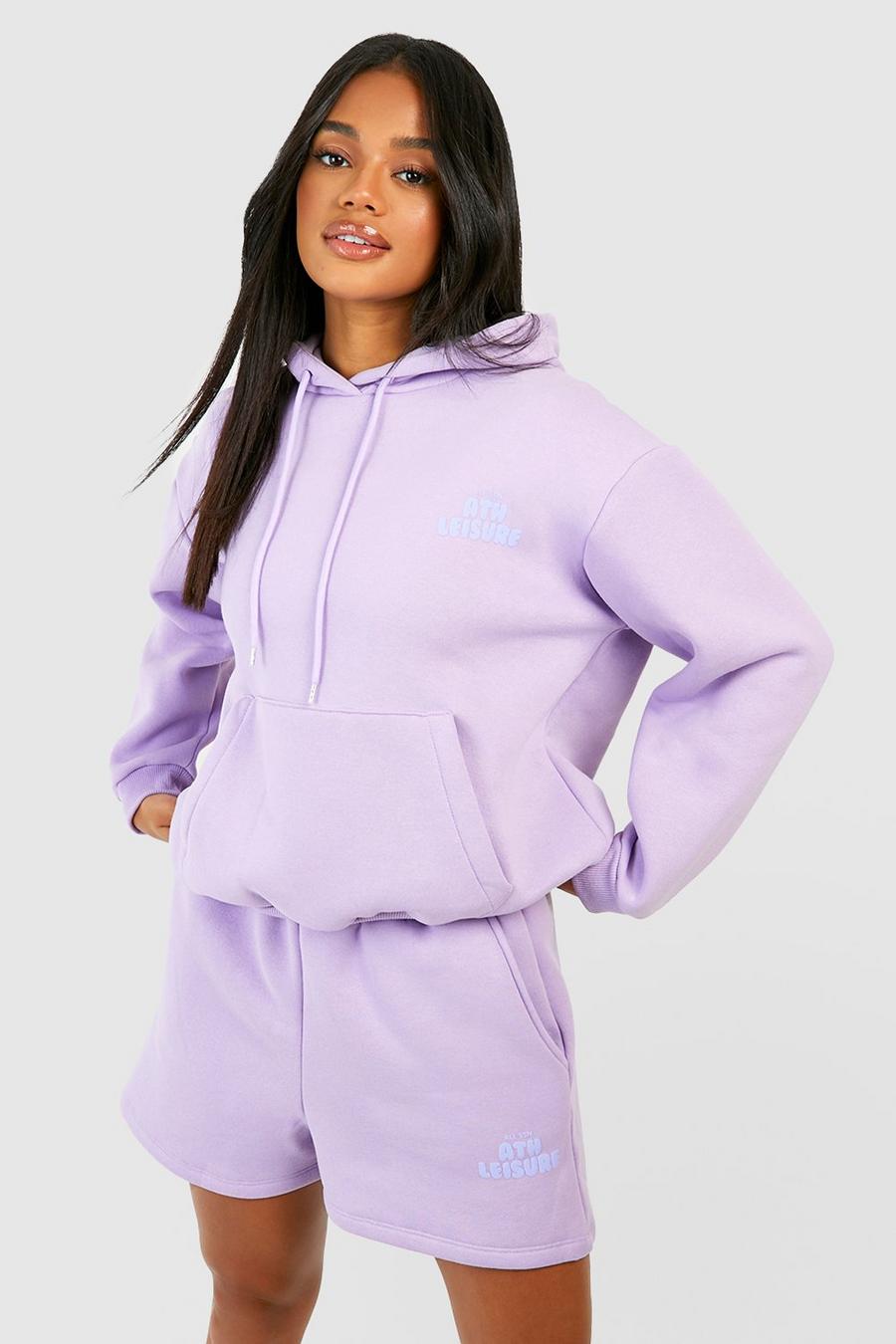 Lilac Ath Leisure Puff Print Slogan Hooded Short Tracksuit