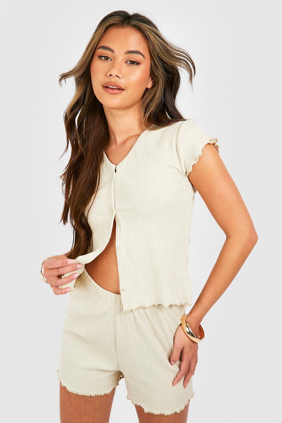 Stone beige Ribbed Button Down T-shirt & Short Set image number 1