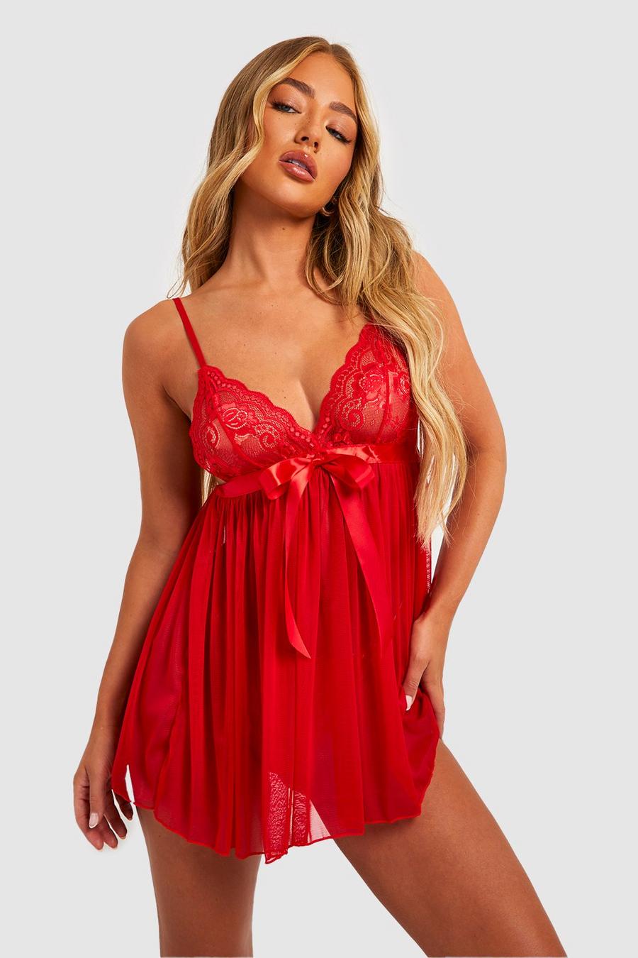 Red röd Pleated Bow Babydoll & String Set