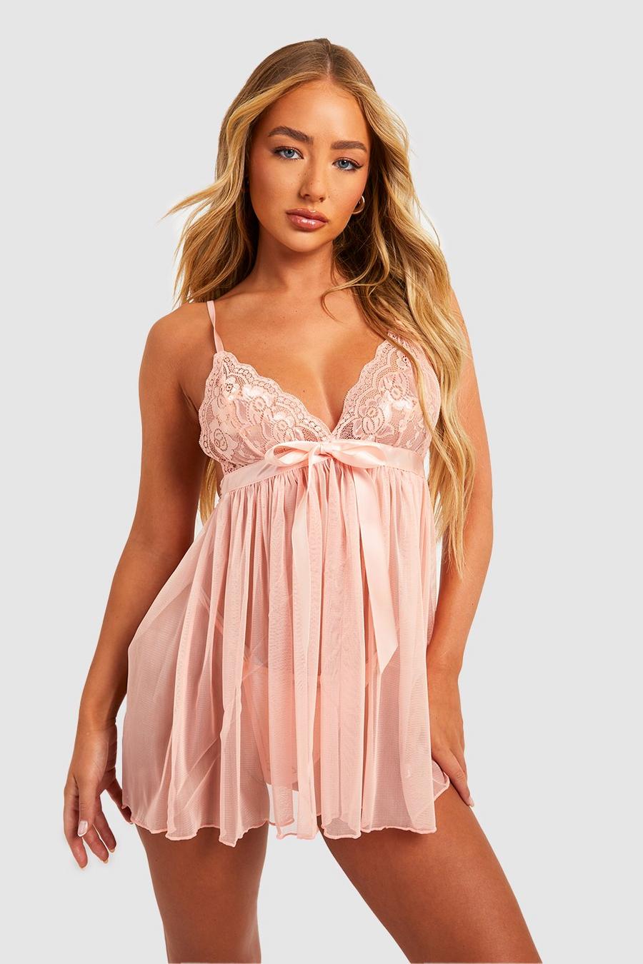 Women's Pleated Bow Babydoll & String Set