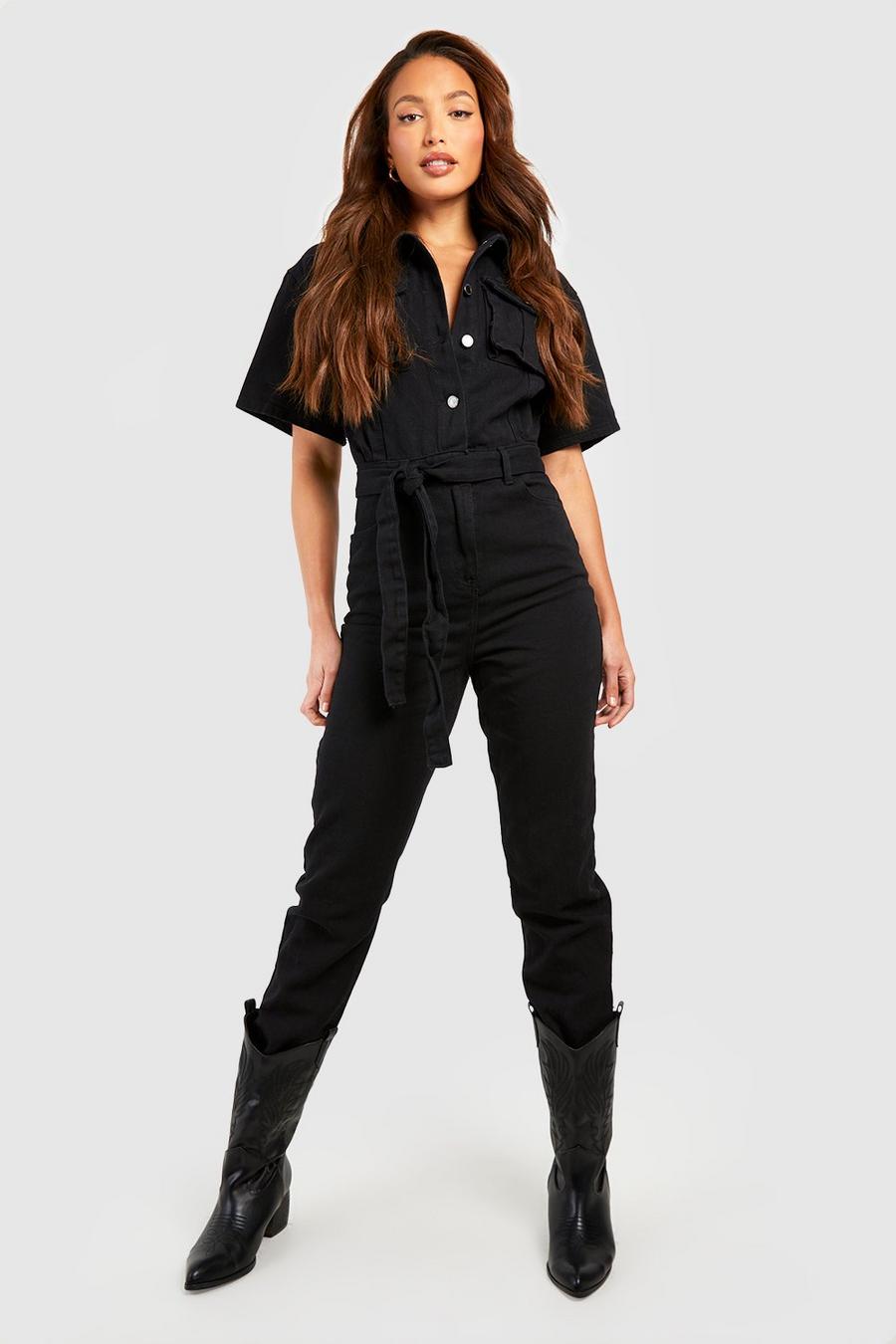 Tall - Combinaison cargo en jean à ceinture, Black image number 1
