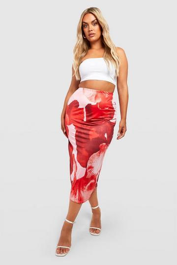 Pink Plus Floral Abstract Printed Slinky Midaxi Skirt