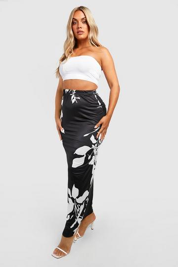 Plus Floral Printed Slinky Maxi Skirt black
