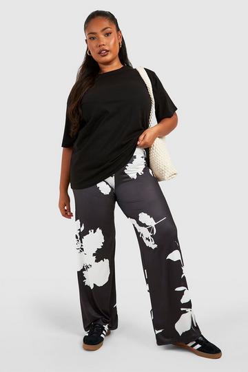 Plus Floral Printed Slinky Wide Leg Trousers black