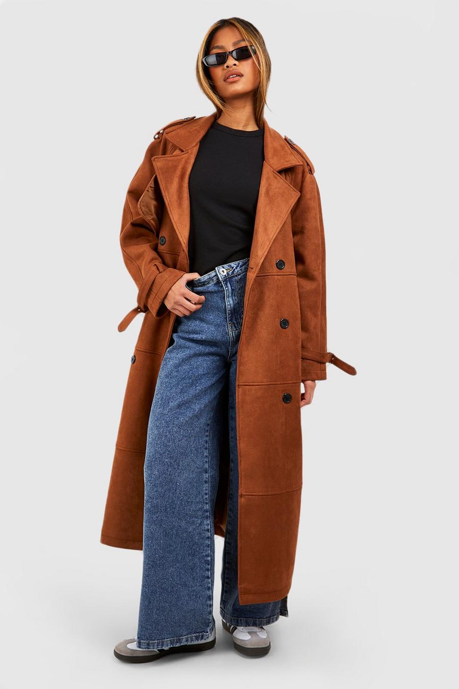 Brown Oversized Suede Look Belted Maxi Trench image number 1