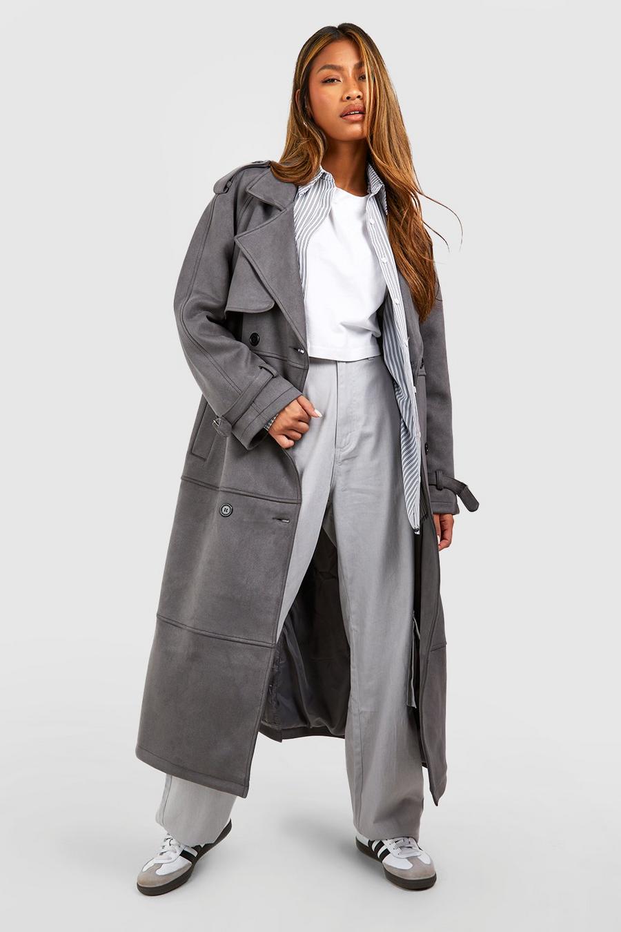 Oversize Maxi-Trenchcoat in Wildlederoptik mit Gürtel, Dark grey