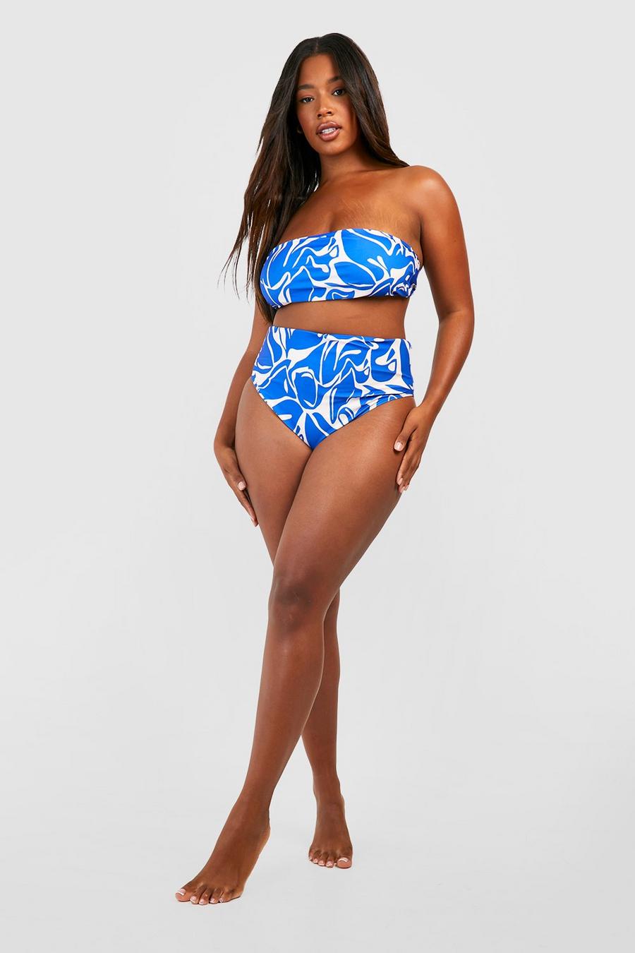 Plus Bandeau-Bikini mit abstraktem Print, Blue image number 1