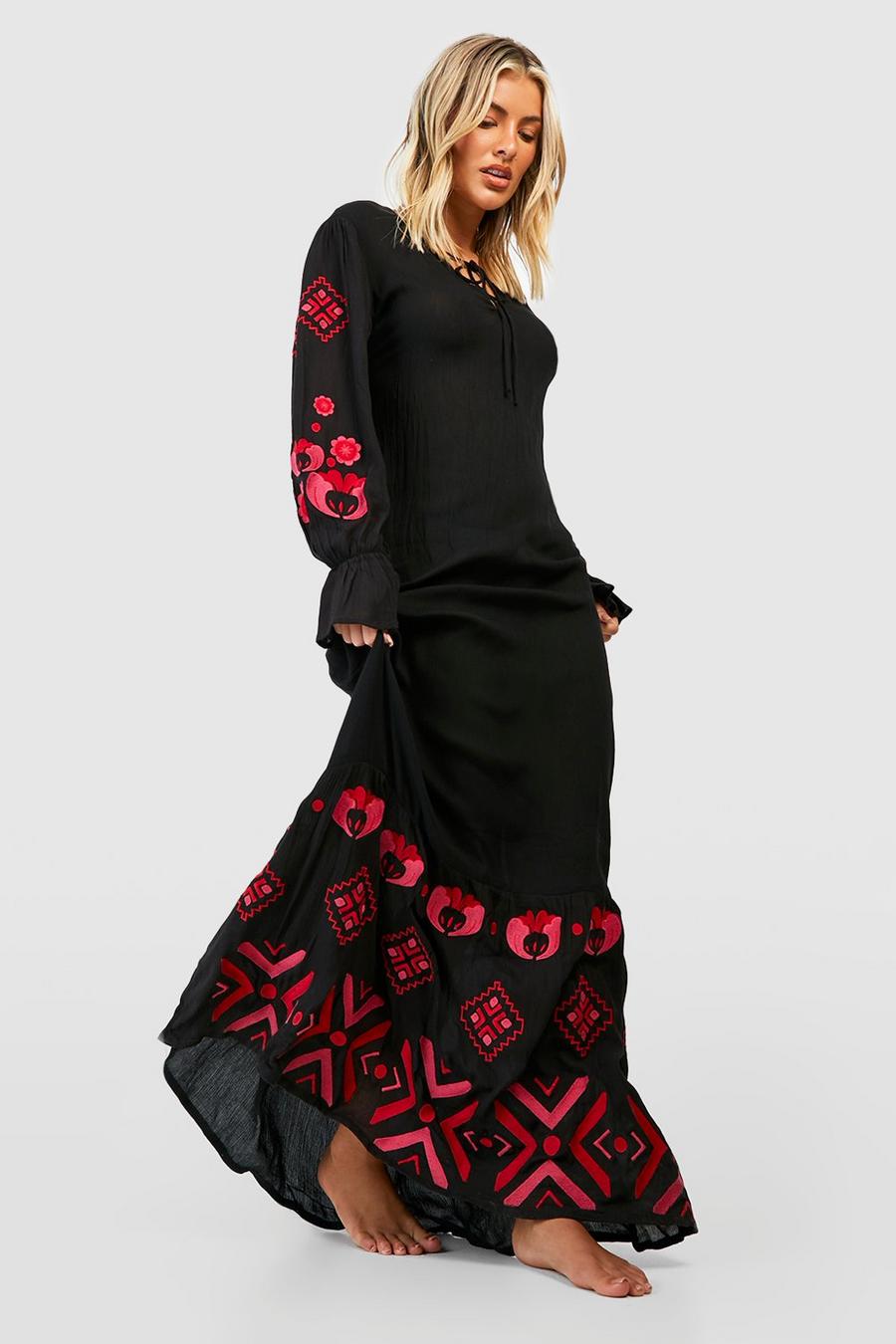 Black Plunge Front Embroidered Beach Maxi Dress image number 1
