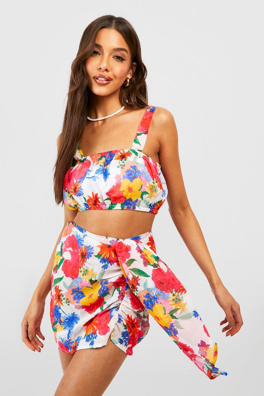 Floral Chiffon Drape Beach Skirt & Bandeau image number 1