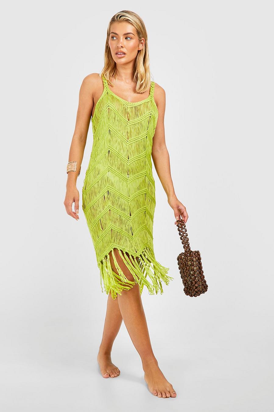 Lime Bright Crochet Tassel Dress