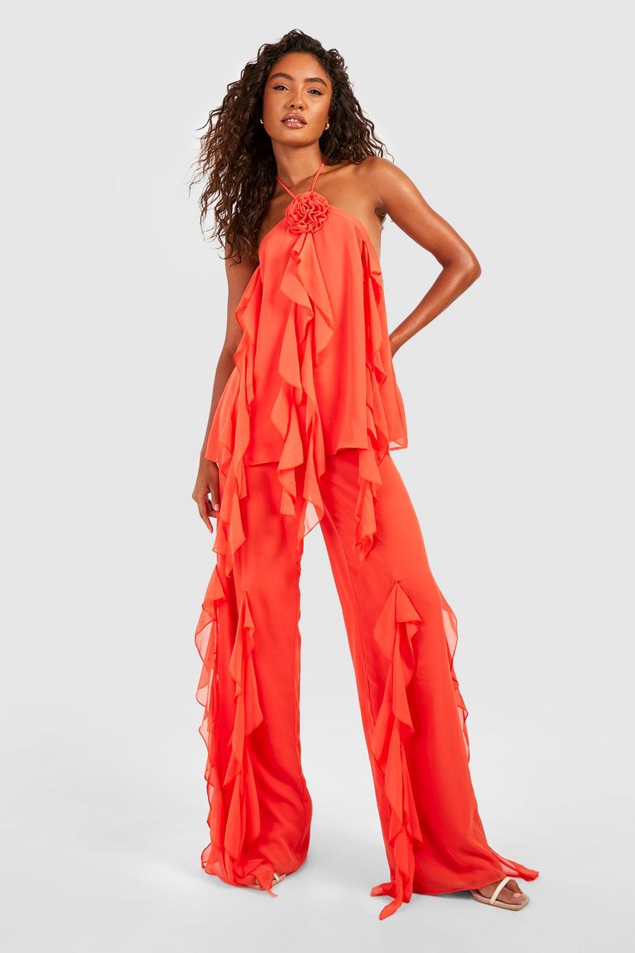 Flame red Tall Ruffle Woven Wide Leg Pants