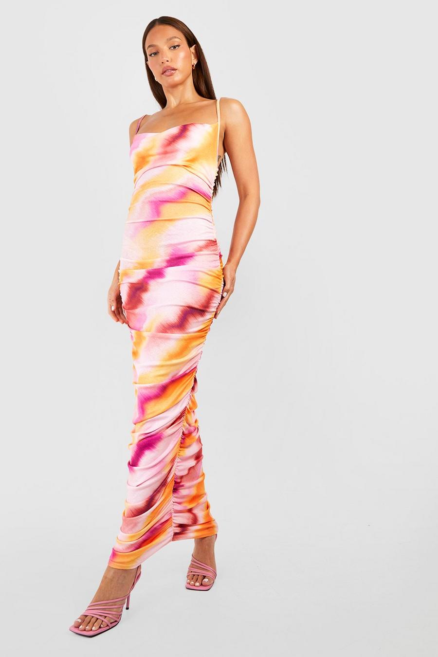 Multi Tall Blurred Abstract Cowl Ruched Side Maxi Dress image number 1
