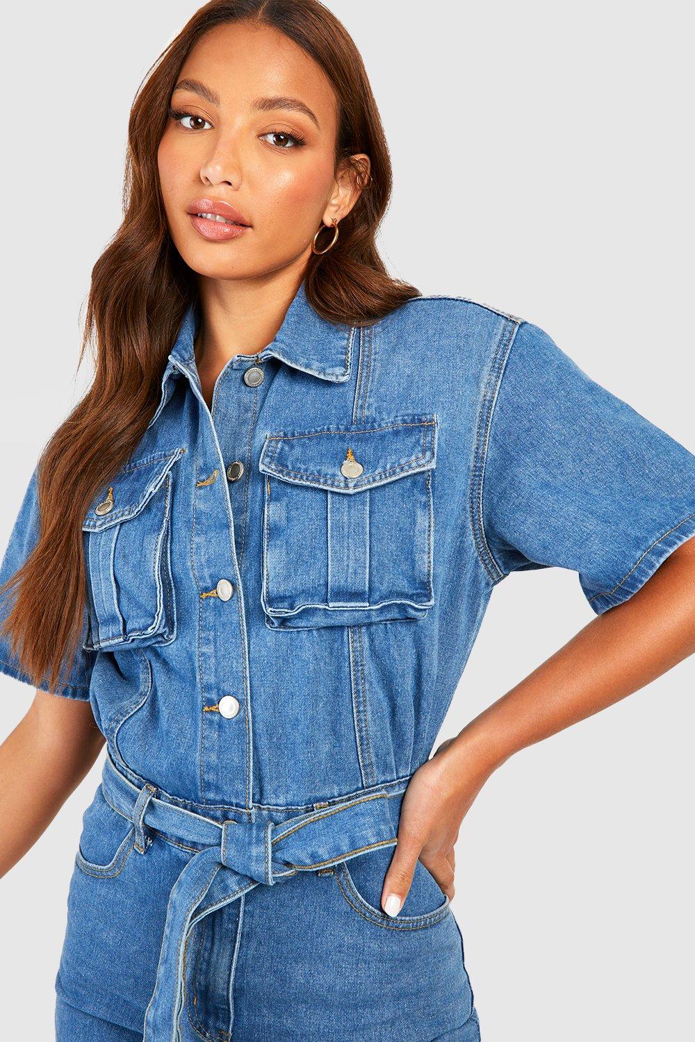 Tall Shortsleeve Belted Tapered Cargo Denim Jumpsuit