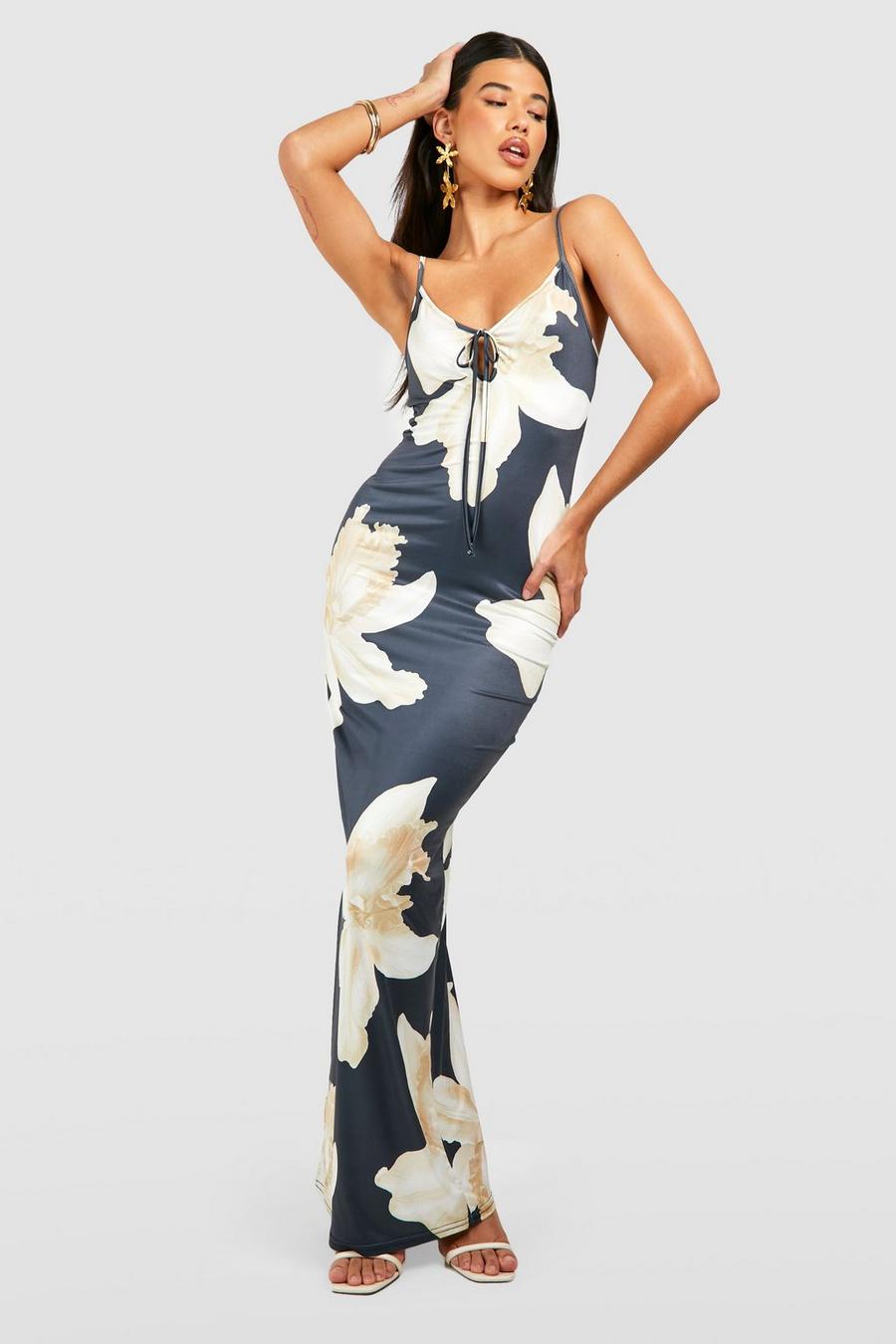 Black Tall Large Floral Tie Bust Strappy Maxi Dress image number 1