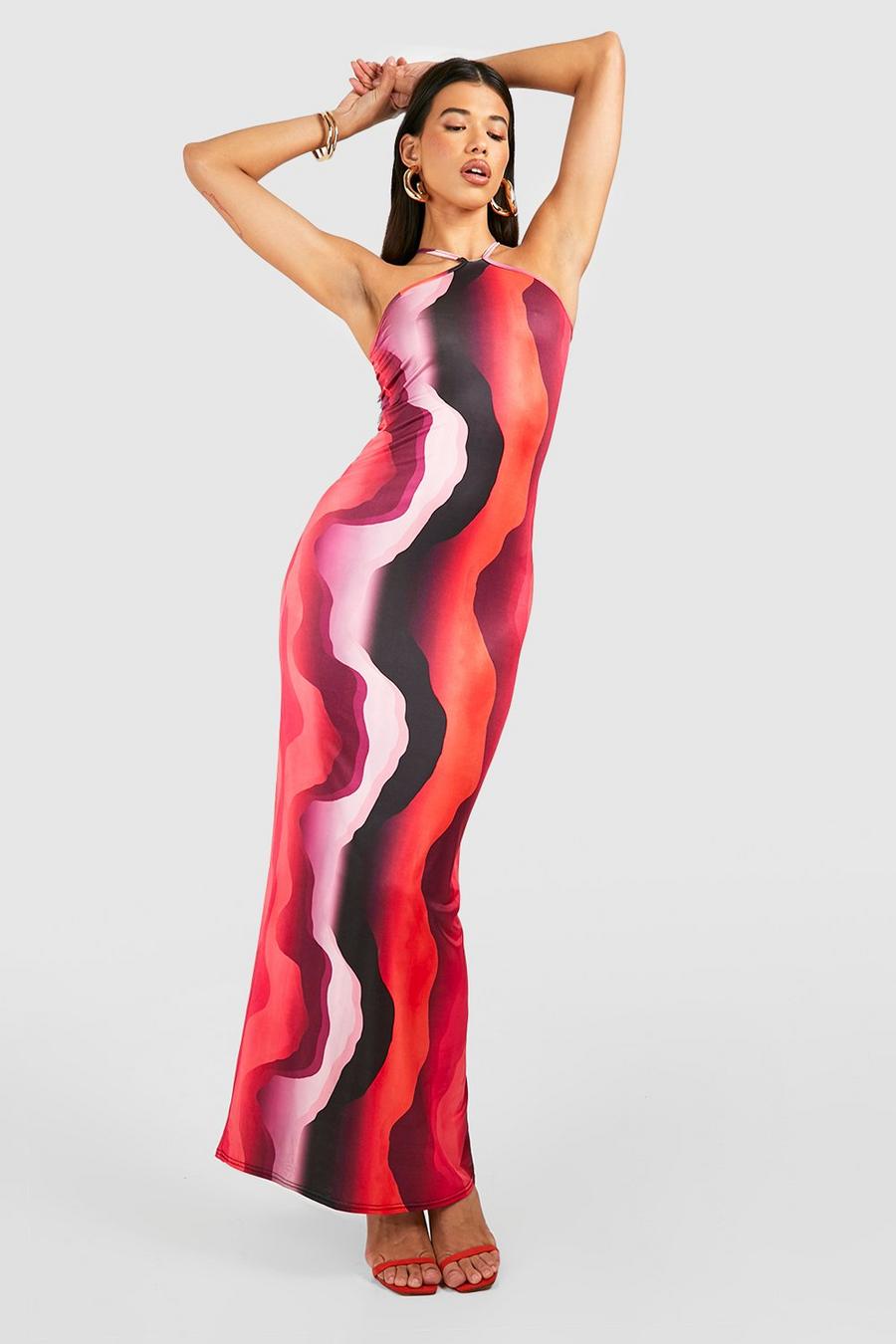 Multi Tall Blurred Stripe Halter Maxi Dress image number 1