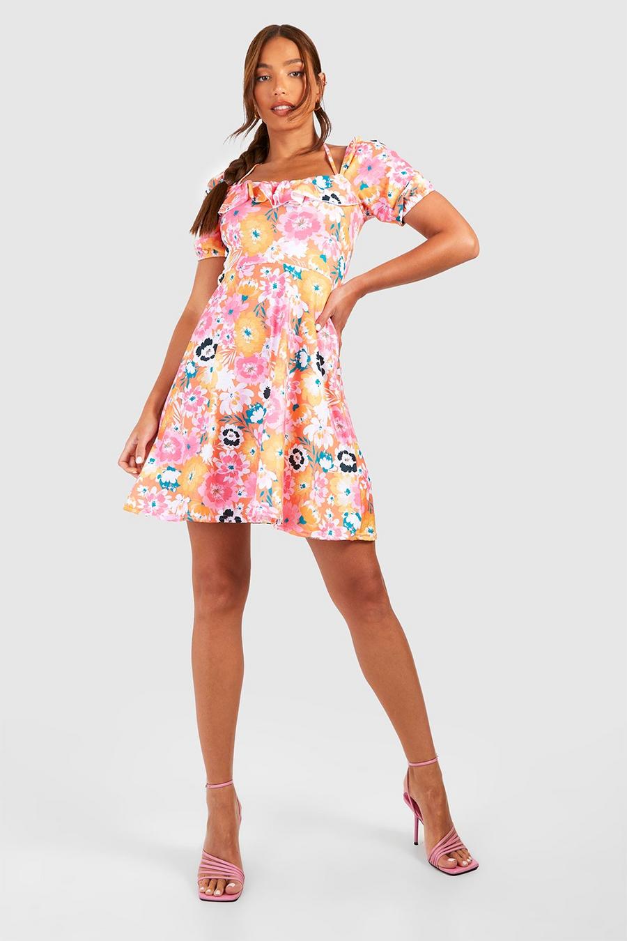 Pink rose Tall Bright Floral Ruffle Skater Dress