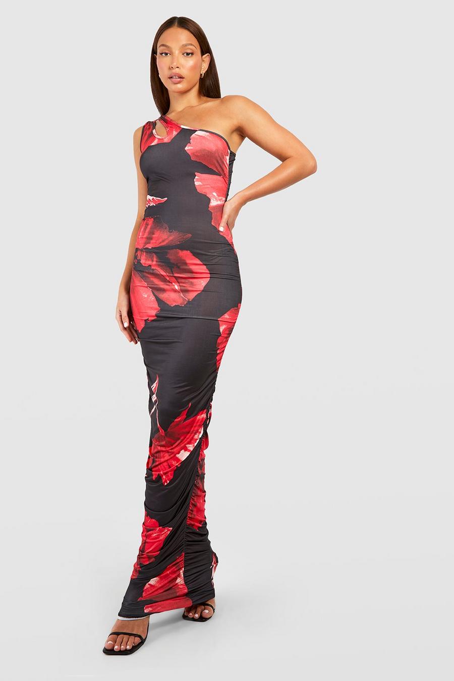 Black Tall Large Floral One Shoulder Ruched Side Maxi Dress