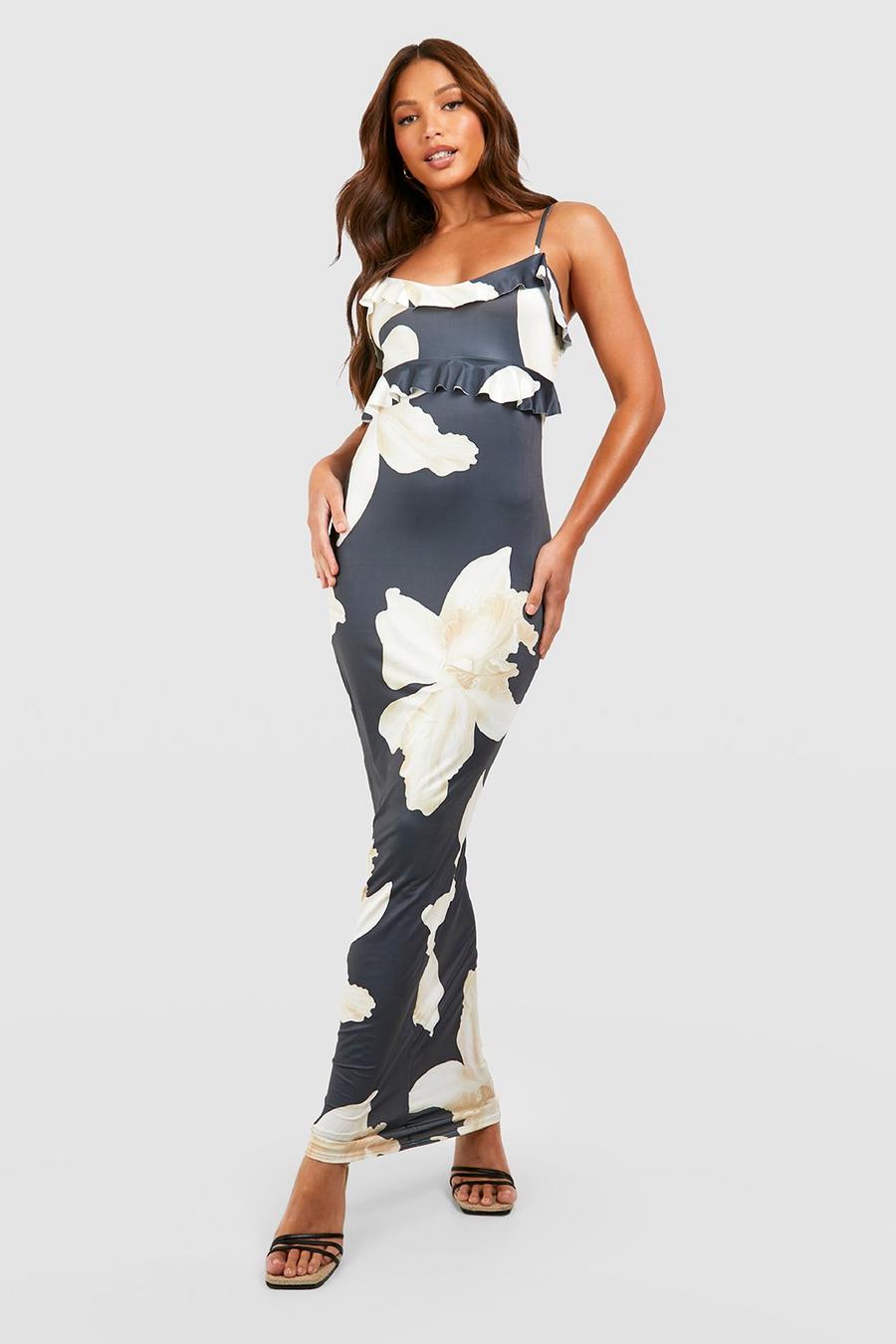 Black Tall Large Floral Ruffle Strappy Maxi Dress image number 1
