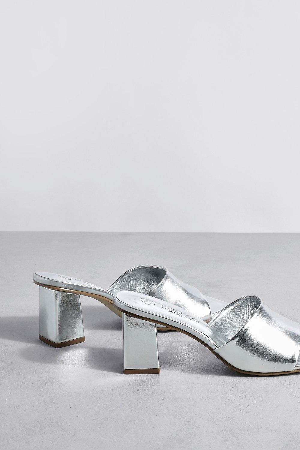 Silver block hot sale heel mules