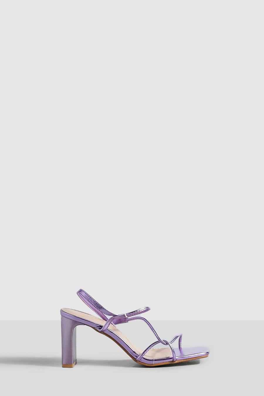 Lilac purple Metallic Low Strappy Block Heel Sandals
