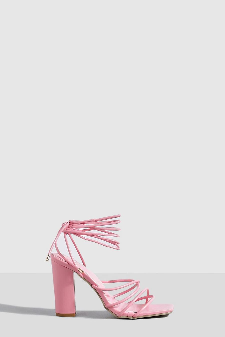 Pink rosa Strappy Wrap Up Block Heel Sandals
