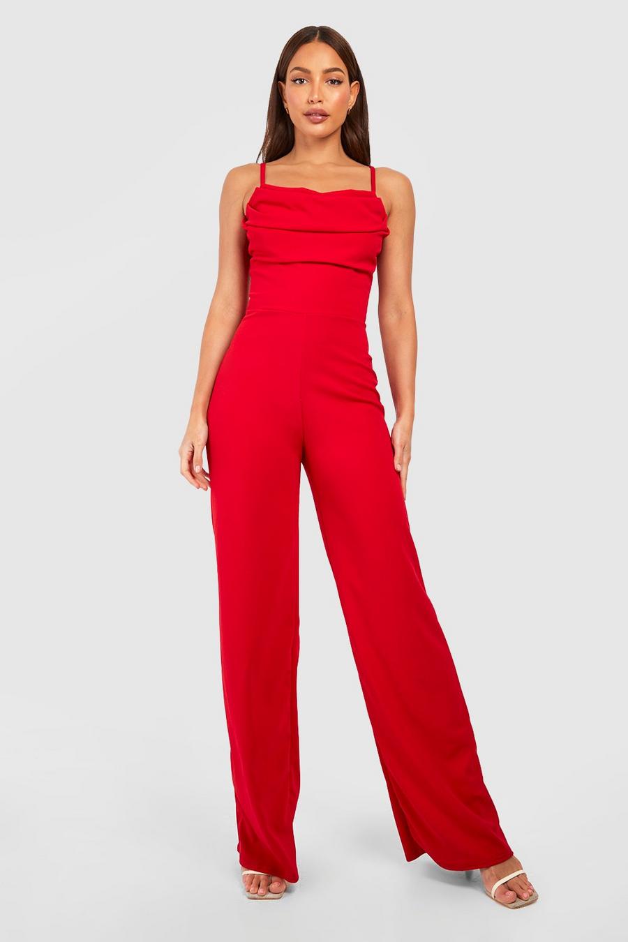 Red Tall Strappy Cowl Wide Leg Jumpsuit