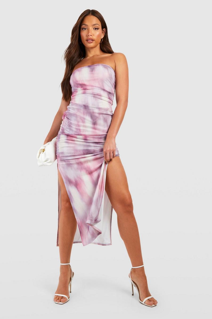 Vestido Tall midaxi con lateral fruncido y estampado efecto mármol abstracto, Lilac image number 1
