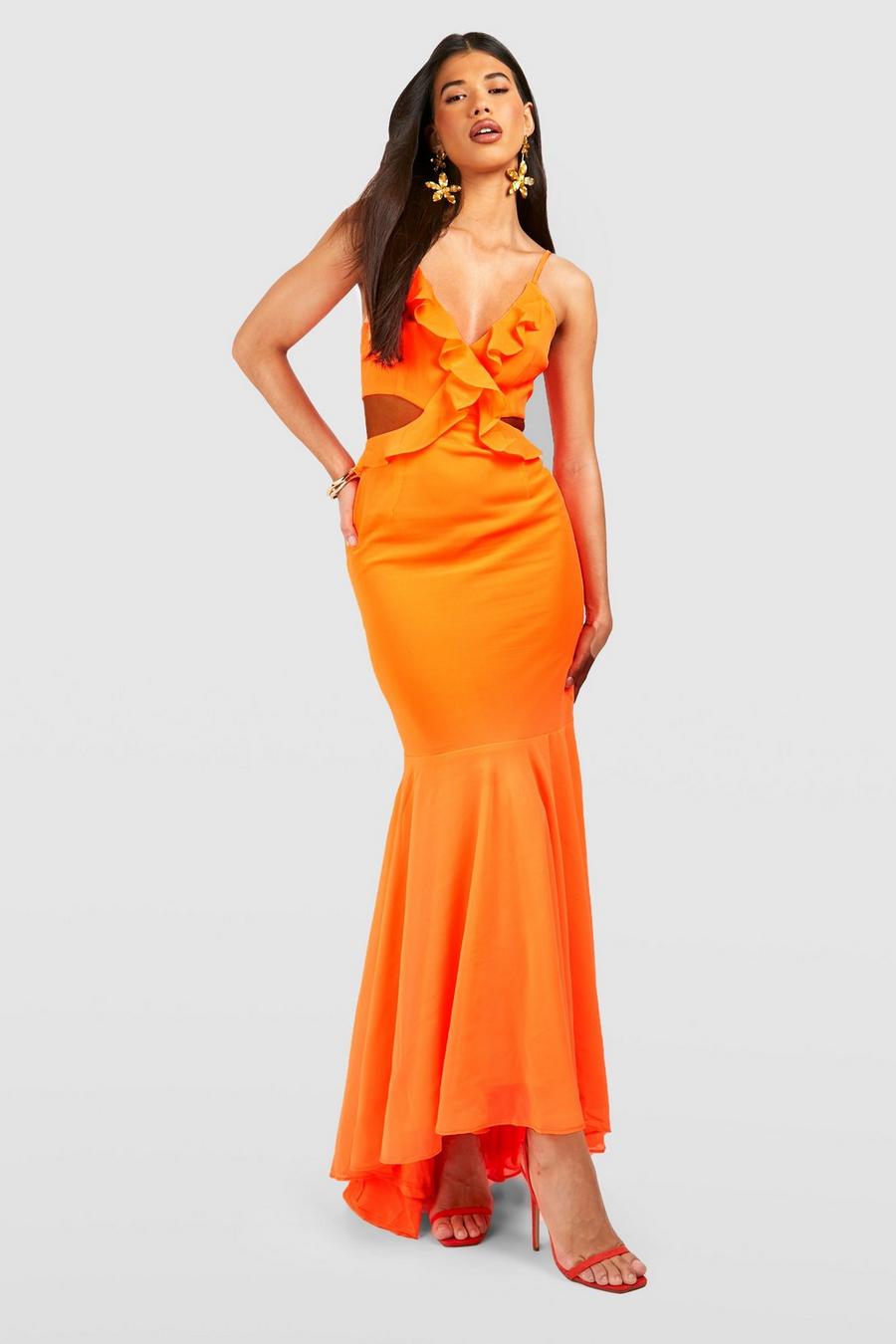Neon-coral Tall Chiffon Fishtail Maxi Jurk Met Ruches En Uitsnijding image number 1