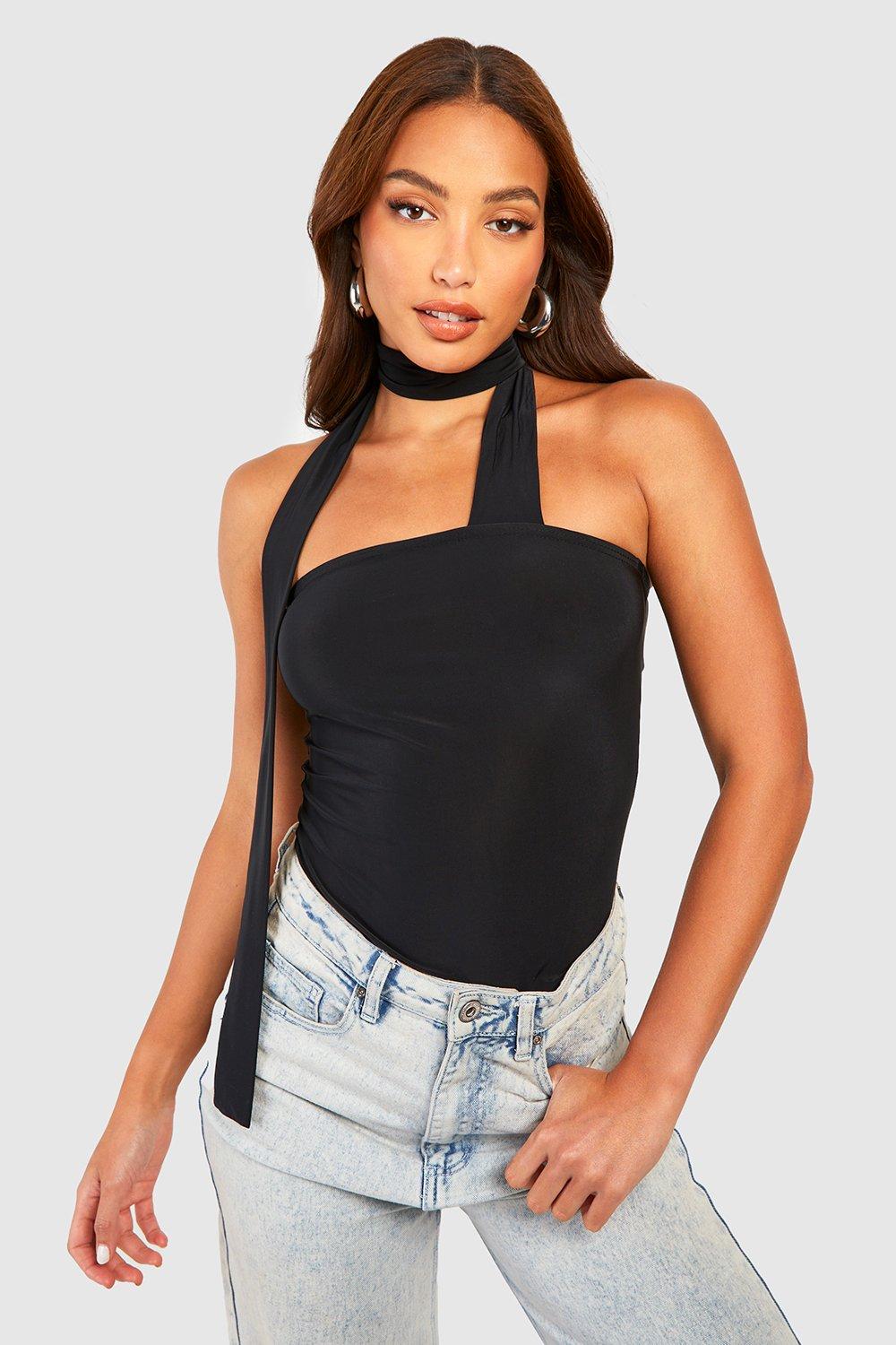 Women's Black Tall Tie Neck Bandeau Bodysuit